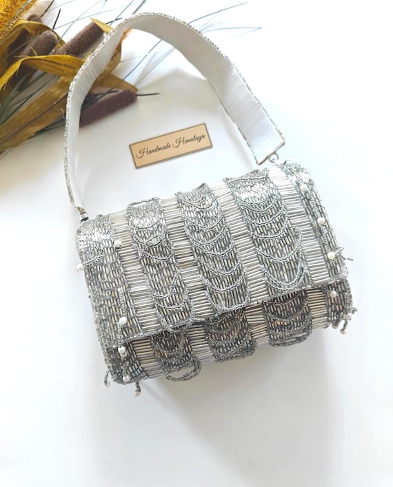 Silver Beaded Bridal Bag | Pearl Wedding Shoulder Purse | Evening Handbag