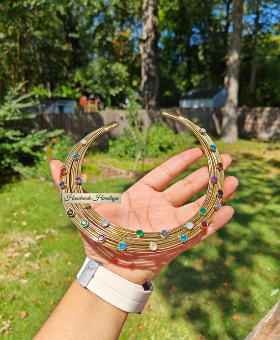 Gold Brass Choker: Open Torq Collar Necklace with Multicolor Stones