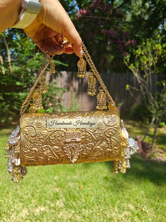 Floral Engraved Brass Clutch | Antique Gold Handbag with Tribal Coin Shell Fringes