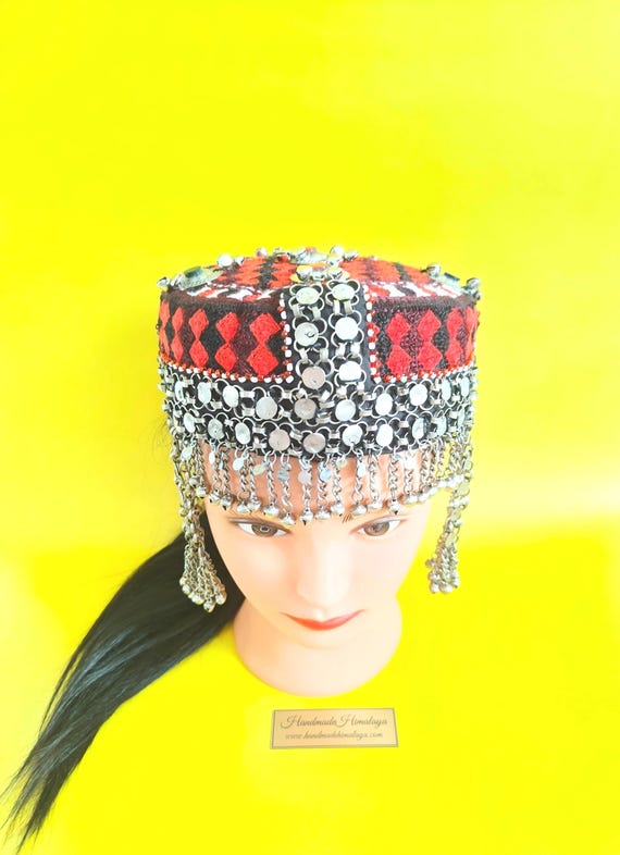 Afghan Halima Sultan Woman Hat Cap Red | Embroidered Belly Dance Headwear Metal Fringes