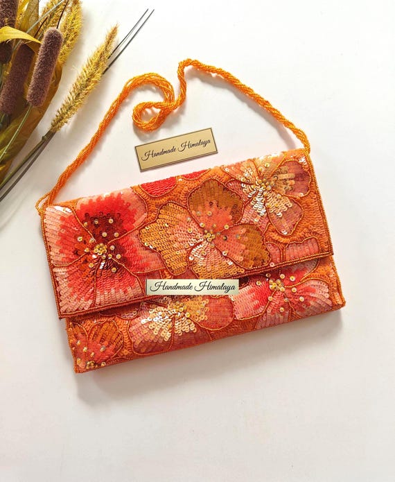 Coral Orange Floral Clutch | Sequin Wedding Guest Evening Purse