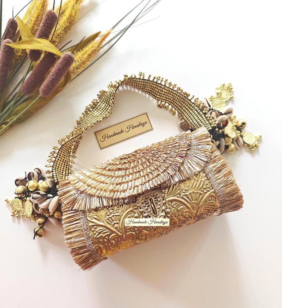 Vintage Floral Gold Brass Purse | Indian Wedding Crossbody Bag | Kuchi Banjara Style Metal Clutch