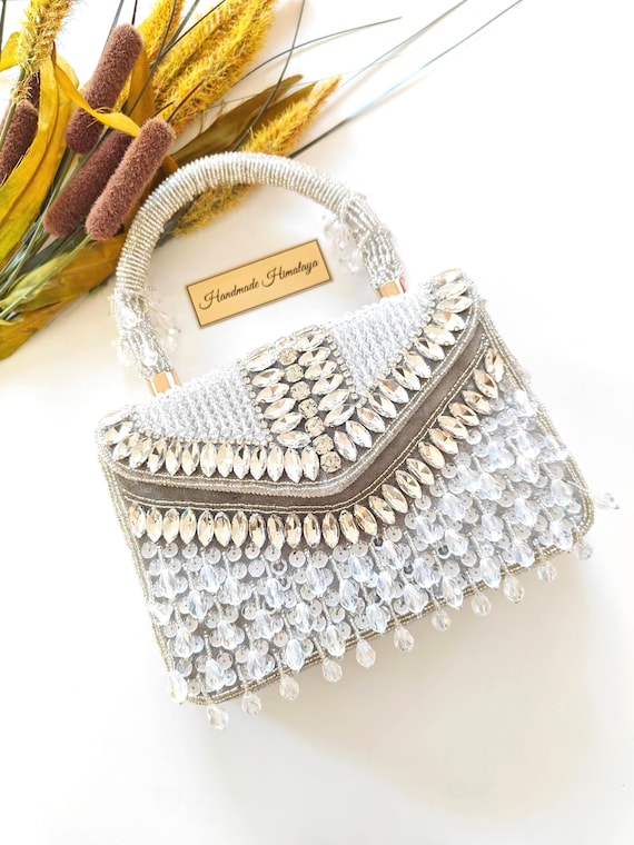 Silver White Crystal Bridal Clutch, Luxury Beaded Wedding Purse, Rhinestone Pearl Evening Bag, Bride Handbag, Statement Party Clutch