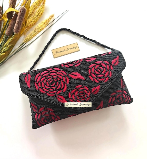 Black Red Rose Beaded Clutch | Gothic Bridal Wedding Purse