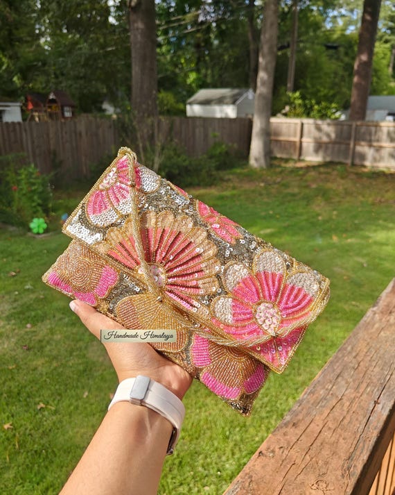 Gold Beaded Clutch, Pink Gold Floral Beaded Purse, Evening Bag, Prom Party Clutch, Crossbody Wedding Bag, Summer Formal Purse