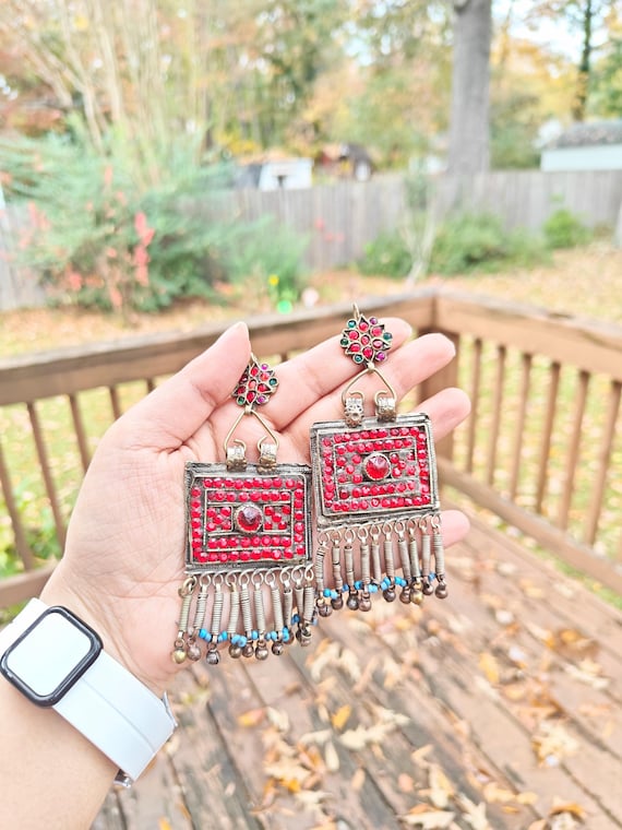 Vintage Afghan Earrings Long Oversized Silver Metal Red Tribal Kuchi Bell Dangle Jewelry