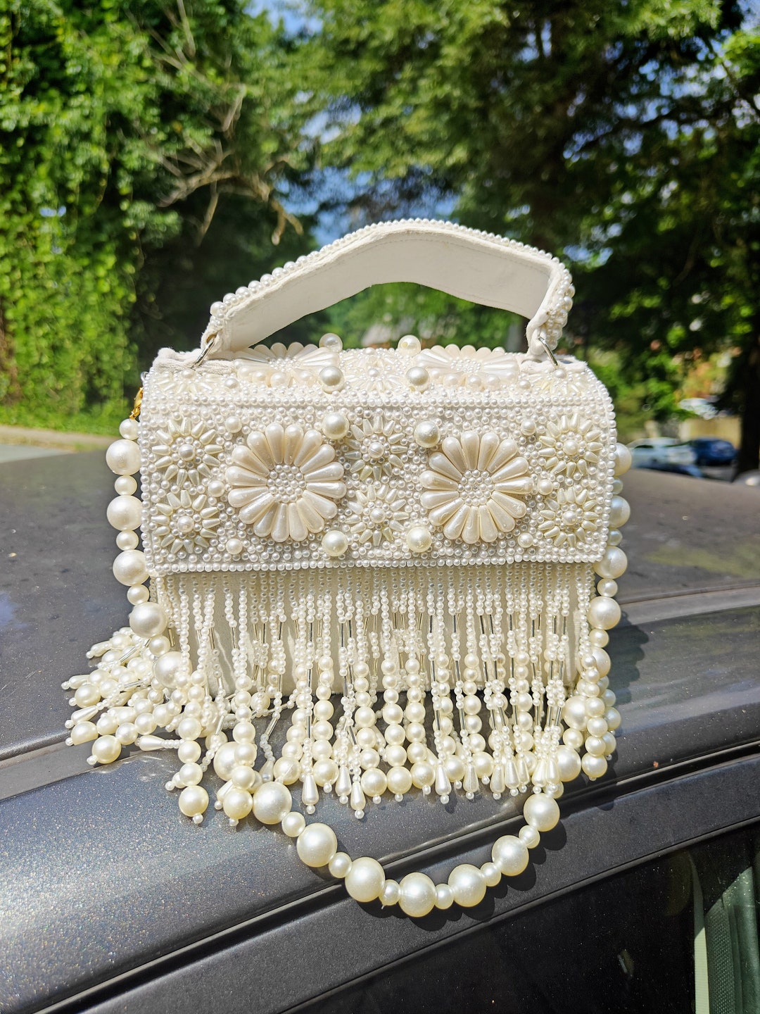 White Beaded Box Bag, Pearl Beaded Bag, Pearl Beaded Clutch Purse