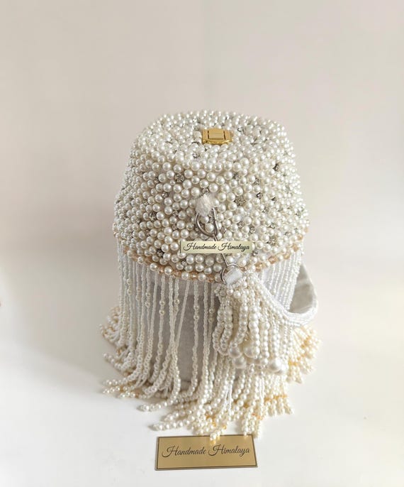 Pearl Fringe Bridal Bag, Vintage Pearl Tassel Purse, Ivory Bridal Bucket Bag, Luxury Wedding Pearl Potli Bag, Bride Statement Evening Bag