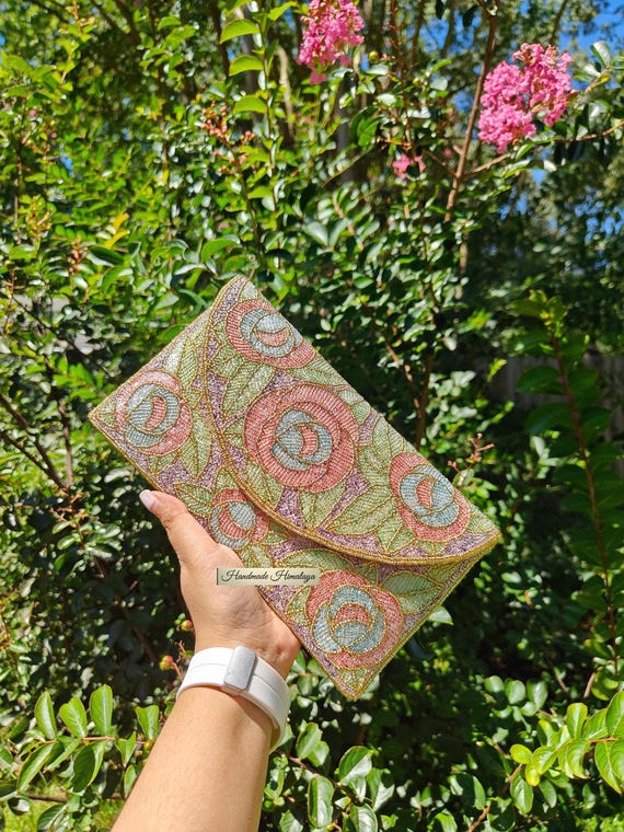 Floral Beaded Clutch | Pastel Rose Crossbody Bag | Evening Green Gold Purse