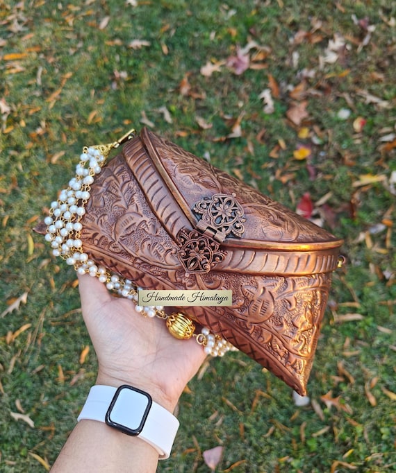 Engraved Copper Clutch, Pearl Handle Indian Antique Brass Bronze Wedding Bag