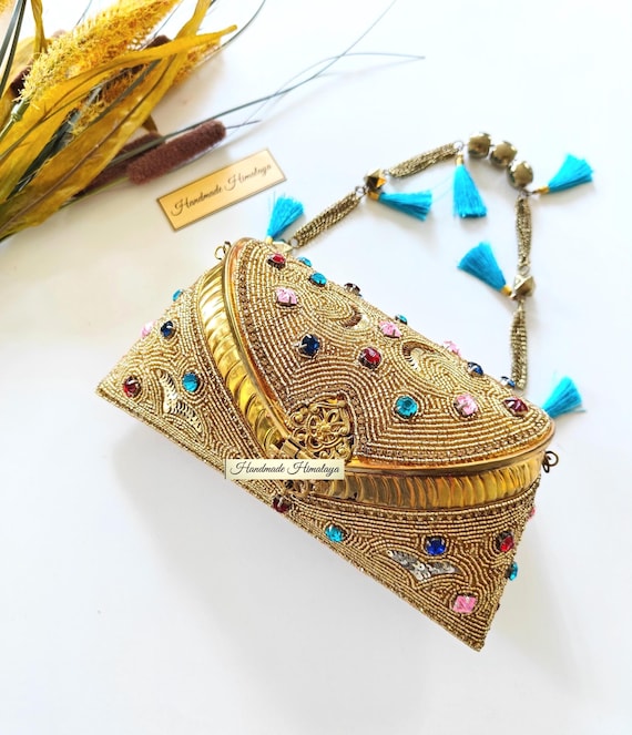 Gold Beaded Bridal Clutch: Indian Wedding Metal Brass Purse