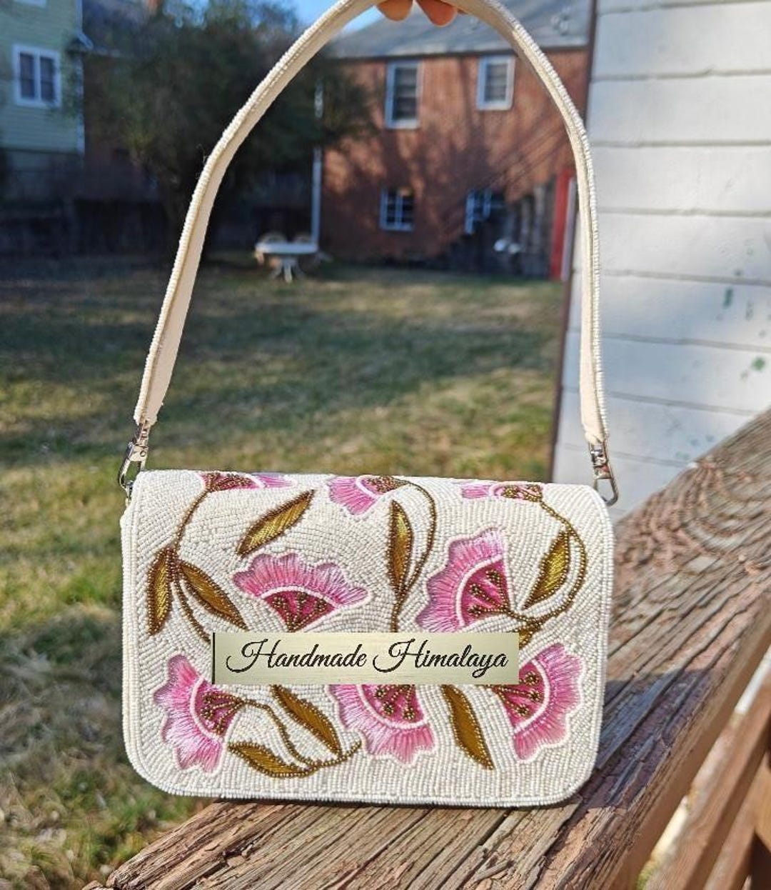 White Beaded Bag: Pink Floral Suede Beaded Handbag Clutch Wedding