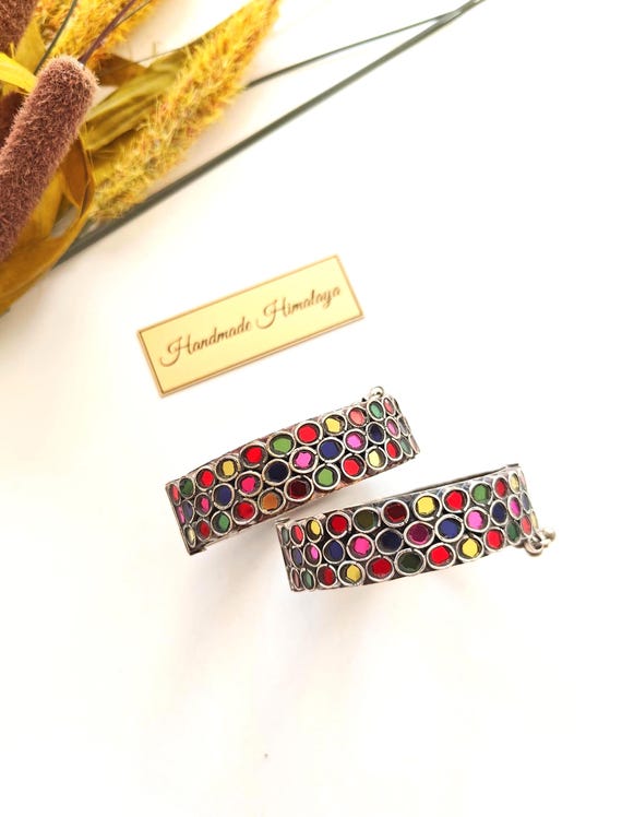 Colorful Kuchi Mirror Bangles | Vintage  Silver Tribal Bracelets | Boho Ethnic Festival Arm Jewelry