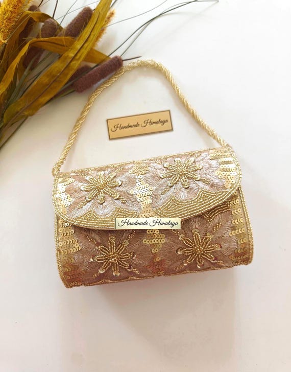 Gold Bridal Clutch | Nude Champagne Floral Evening Purse