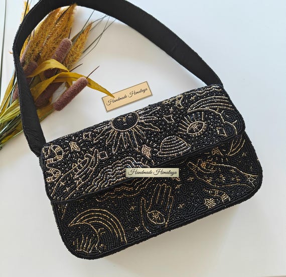 Cosmic Celestial Beaded Bag | Sun Eye Mystical Shoulder Purse | Astrology Handcrafted Wedding Handbag
