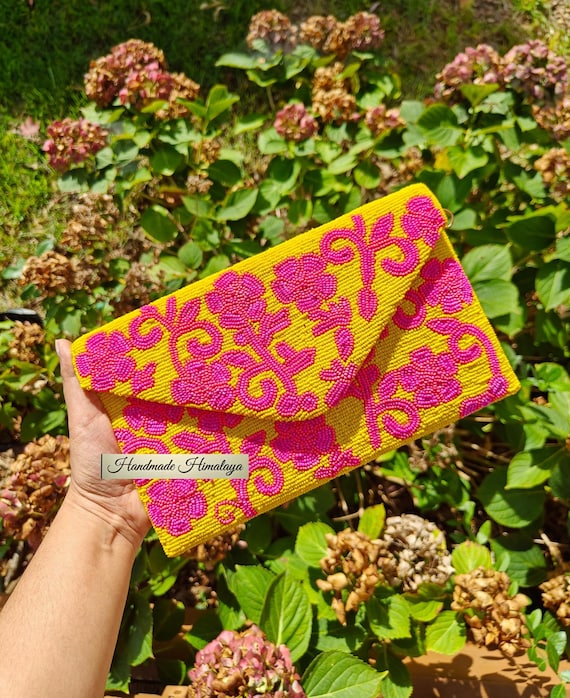 Yellow Pink Floral Beaded Clutch Purse Crossbody Summer Party Evening Bag