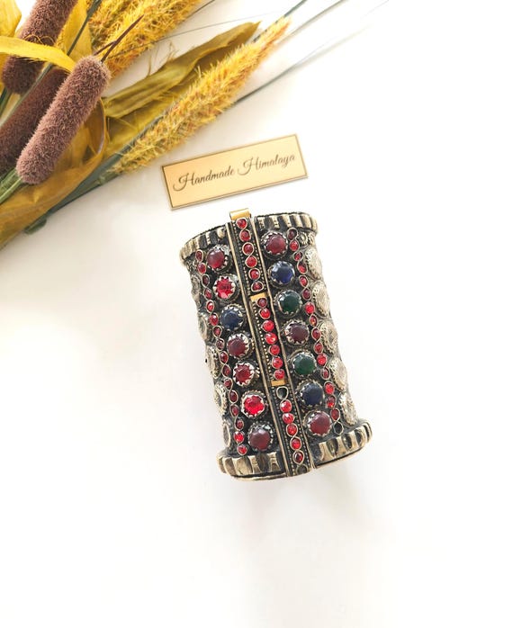 Vintage Afghan Cuff Bracelet Tribal Silver Glass Stone Boho Antique Jewelry