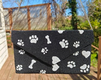 Black Beaded Clutch, Dog Paws Beaded Clutch, Statement Beaded Purse, Party Clutch Purse, Seed Beaded Purse, Beaded Bag, Black Evening Bag