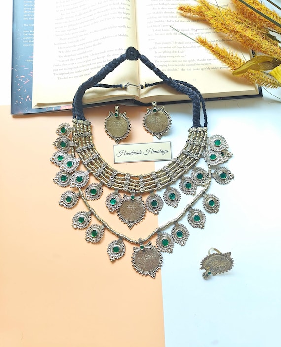 Vintage Afghan Brass Choker Necklace Set, Afghan Green Stone Jewelry