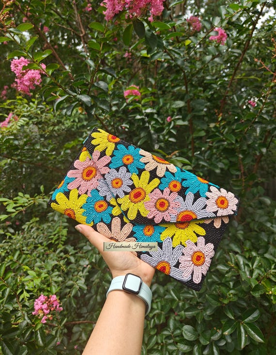 Colorful Floral Beaded Clutch | Daisy Evening Bag Boho Wedding Guest Purse