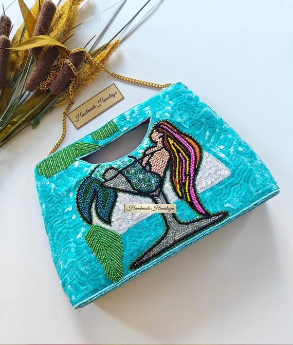 Mermaid Martini Beaded Clutch Bag | Turquoise Cocktail Statement Purse | Summer Vacation Evening Bag Gift for Her