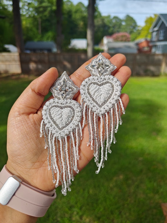 Handmade Sacred Heart Beaded Earrings: Boho Bridal Dangle