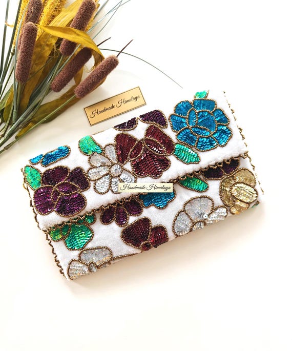 Floral Sequin Velvet Clutch, Embroidered Evening Bag with Chain
