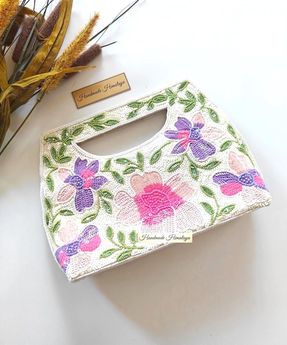Ivory Floral Beaded Clutch | Pink Lavender Sequin Embroidered Purse, 10x7 Inch Handcrafted Evening Bag