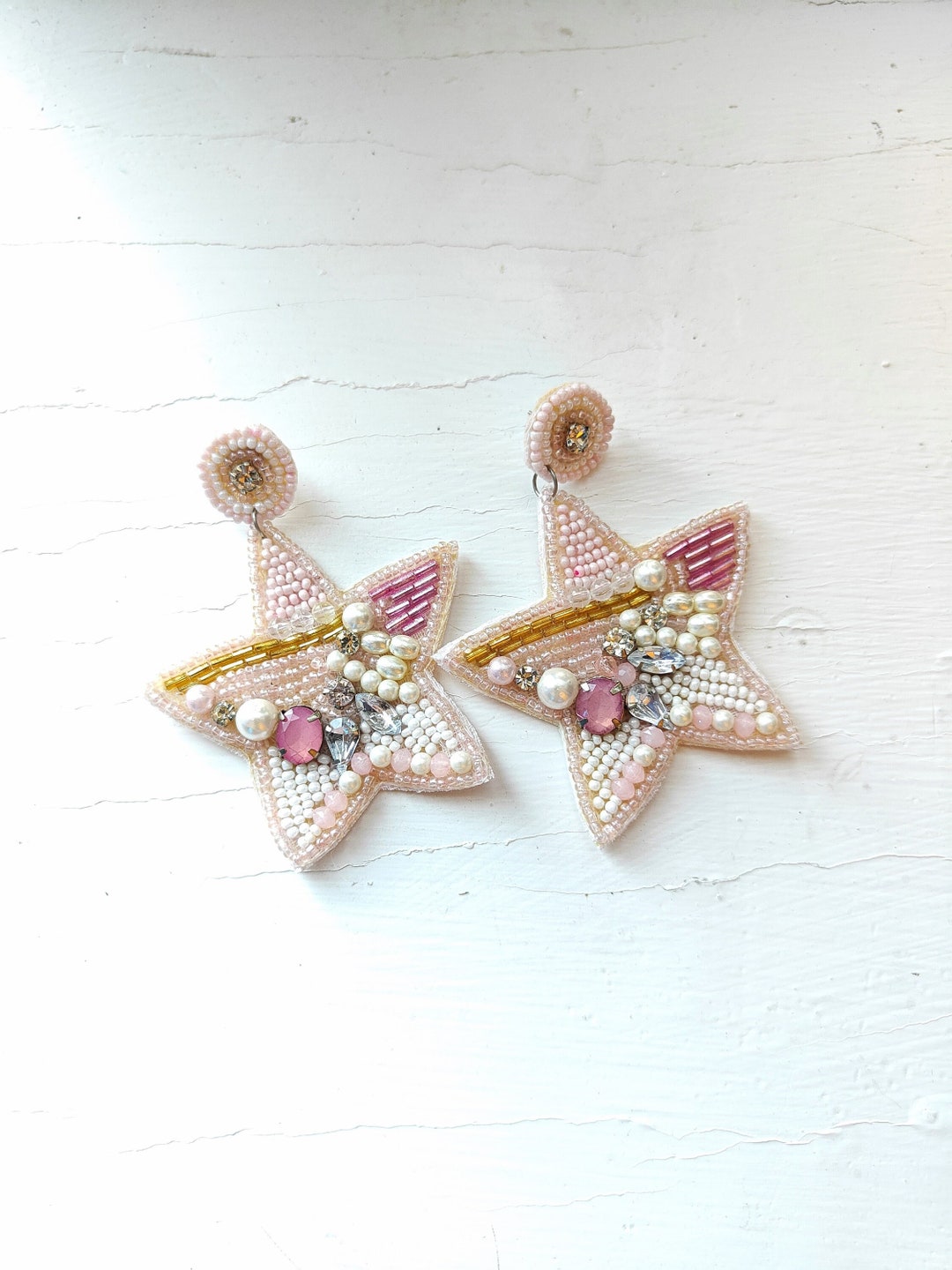 Pink Beaded Earrings Star Beaded Earrings Seed Bead Etsy
