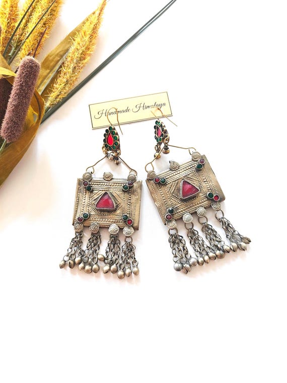 Vintage Afghan Kuchi Earrings, Tribal Boho Statement Jewelry