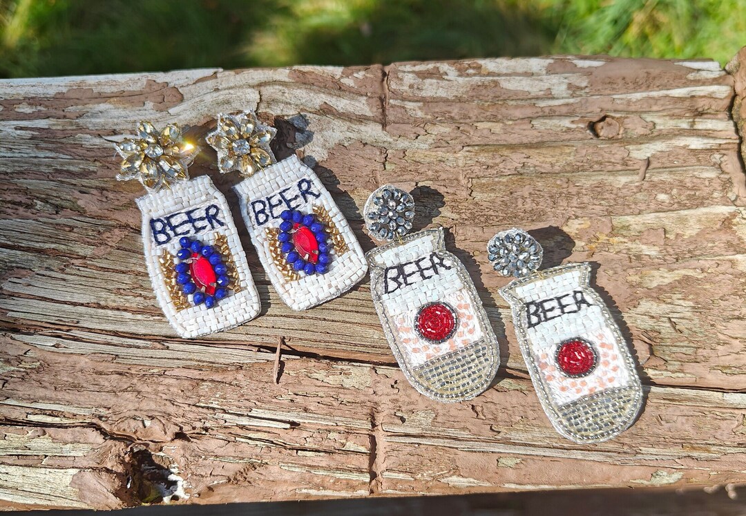 Beer Beaded Earrings Beer Can Earrings Crystal Bead Etsy