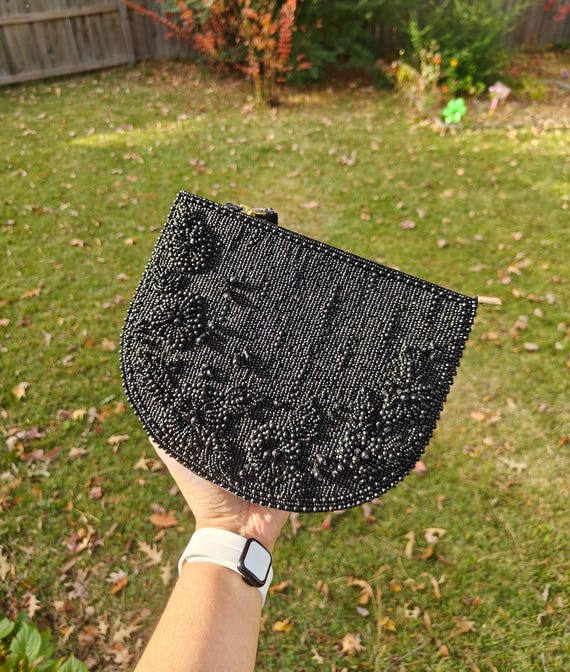 Black Beaded Clutch Purse, Handmade Beaded Evening Bag, Black Wedding Clutch, Floral Seed Bead Handbag, Bridesmaid Gift, Party Purse for Her