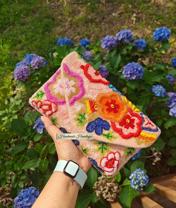 Rose Gold Floral Beaded Clutch | Garden Party Wedding Evening Purse