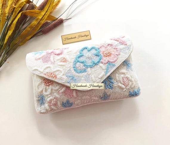 Blue Floral Bridal Clutch | Pastel Blue Pink White Wedding Beaded Purse