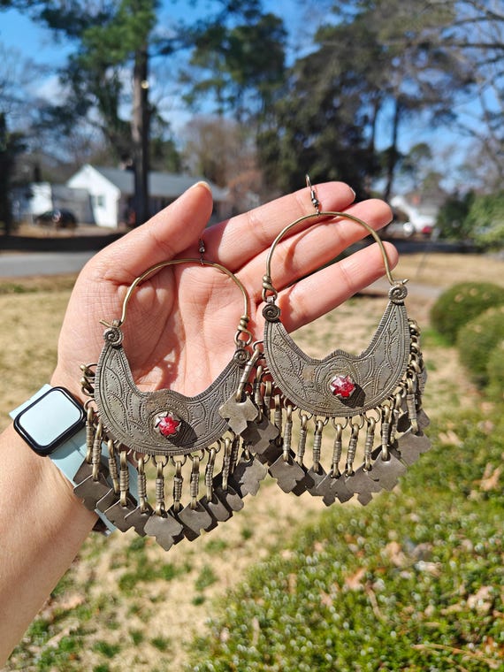 Vintage Kashmiri Kuchi Hoop Earrings | Afghan Belly Dance Jewelry | Red Stone Gypsy Dangles