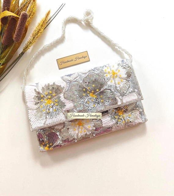 Silver Gray Floral Beaded Clutch | White Sequin Bridal Wedding Purse