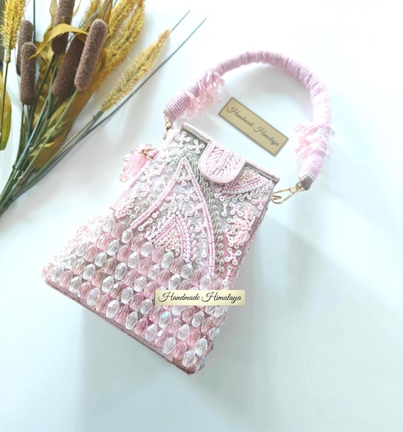 Blush Pink Bridal Bag | Beaded Sequin Embroidered Top Handle  Wedding Purse