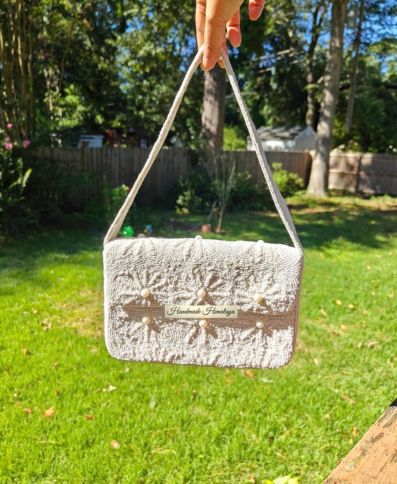 Beaded Bridal Bag: White Seed Beads  Pearl Accents