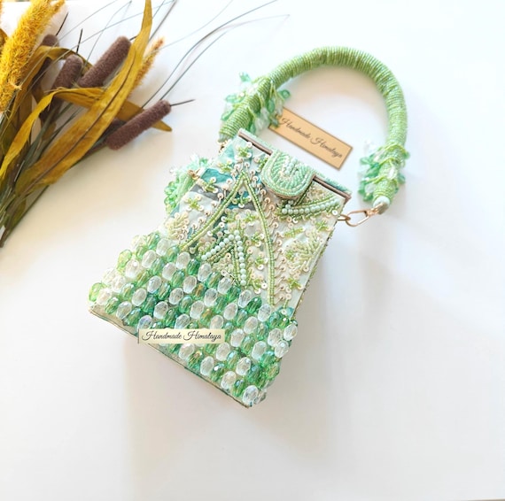 Green Beaded Bridal Box Bag | Crystal Wedding Top Handle Evening Bag