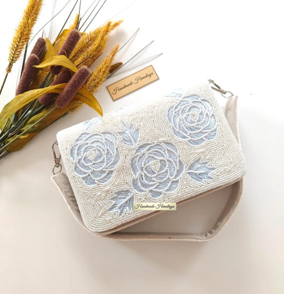 Pastel Blue Floral Beaded Clutch | Flower Rose Wedding Purse | Bridal Evening Bag