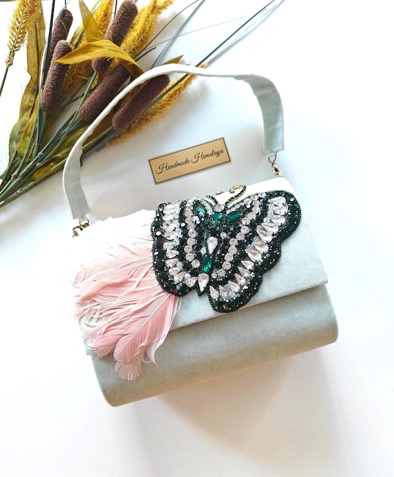 Mint Green Butterfly Embroidered Suede Clutch, Pastel Evening Purse, Wedding Guest Handbag