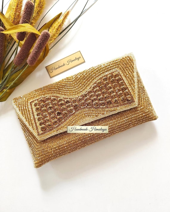 Gold Beaded Clutch, Crystal Evening Bag, Handmade Wedding Purse, Formal Party Handbag