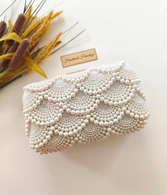 Pearl Beaded Bridal Clutch: Scalloped Crossbody Wedding Purse Bag