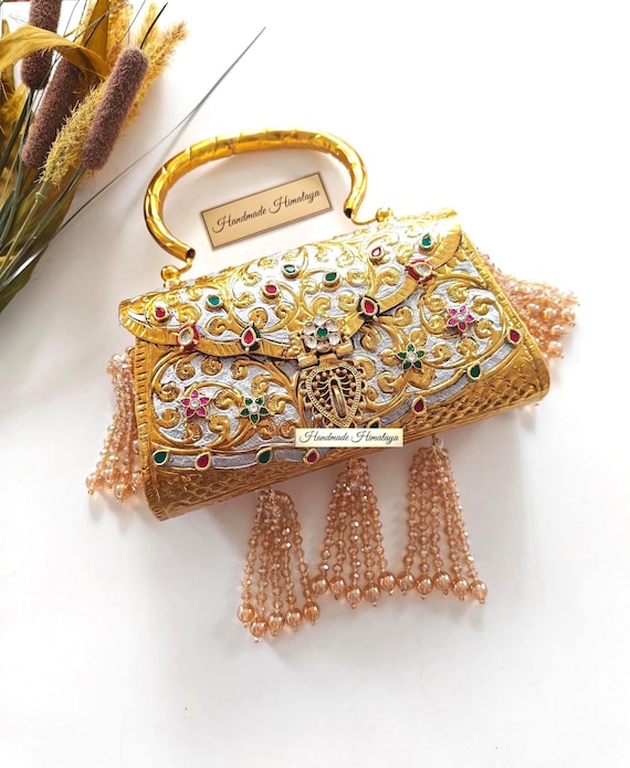 Dual Tone Brass Purse | Indian Bridal Wedding Metal Purse Kundan Evening Bag