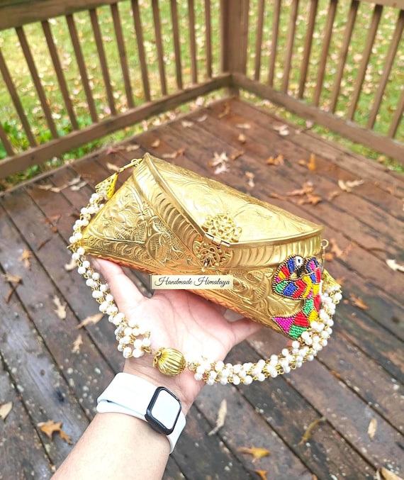 Gold Engraved Metal Clutch | Beaded Peacock Brass Bag |  Pearl Handle Wedding Handbag