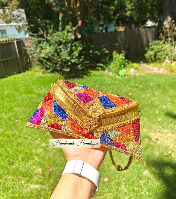 Sequin Mosaic Gold Brass Clutch | Multicolor Beaded Metal Evening Bag | Wedding Guest Party Purse