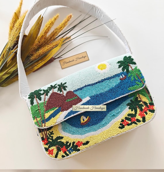 Hawaii Vacation Beaded Bag | Tropical Beach Landscape Shoulder Purse | Palm Trees & Blue Ocean Handbag