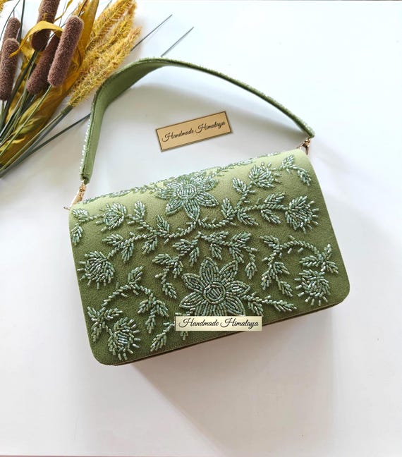 Olive Green Beaded Handbag | Floral Bridal Wedding Purse