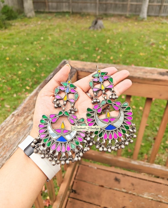 Vintage Afghan Kuchi Earrings: Oversized Silver Tribal Bell Dangles