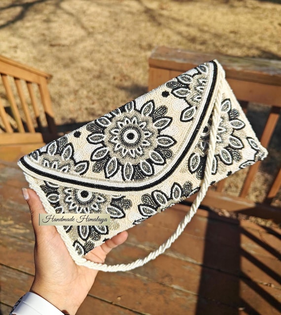 Black and White Beaded Clutch Purse | Floral Mandala Seed Bead Evening Bag | Wedding Guest Handbag | Boho Statement Bridal Clutch